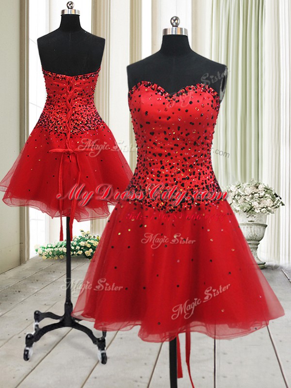 Noble Mini Length Red Club Wear Organza Sleeveless Beading