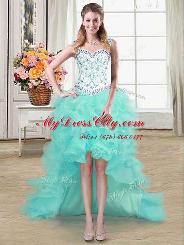 Romantic Straps Sleeveless Lace Up Evening Dress Aqua Blue Organza