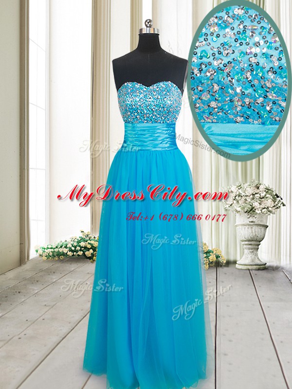 Sweetheart Sleeveless Homecoming Dress Floor Length Beading Baby Blue Tulle