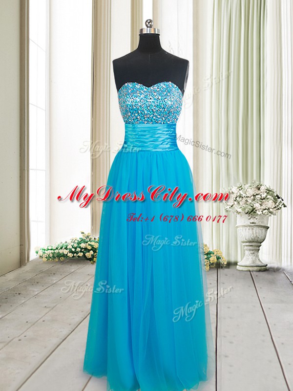 Sweetheart Sleeveless Homecoming Dress Floor Length Beading Baby Blue Tulle