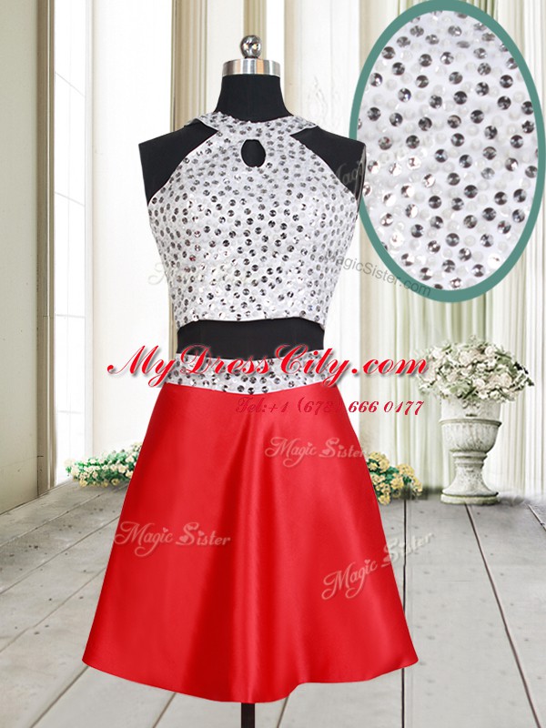 Top Selling White And Red Halter Top Criss Cross Beading Prom Evening Gown Sleeveless