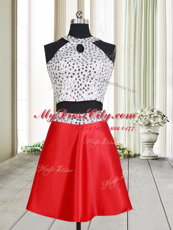 Top Selling White And Red Halter Top Criss Cross Beading Prom Evening Gown Sleeveless