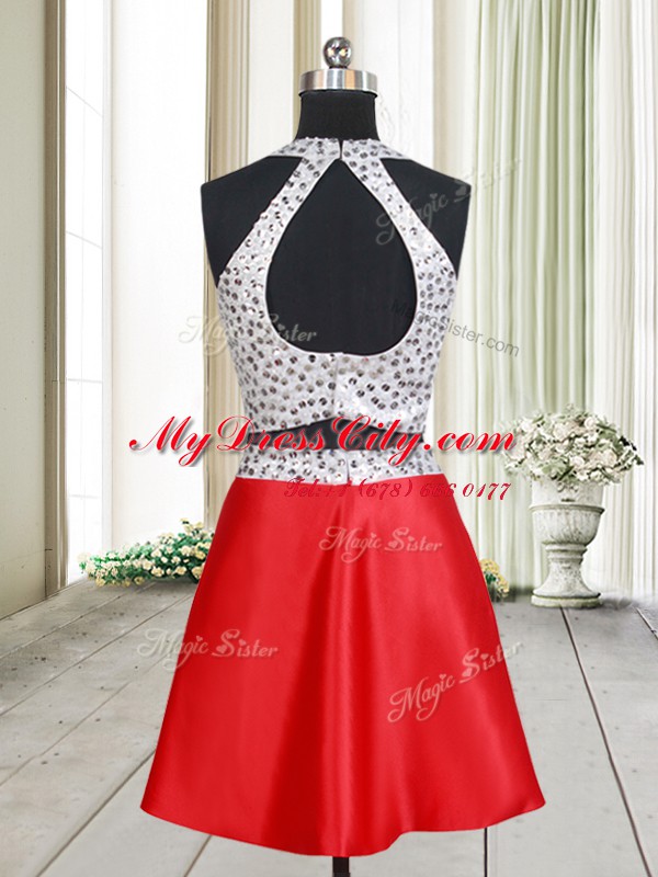 Top Selling White And Red Halter Top Criss Cross Beading Prom Evening Gown Sleeveless