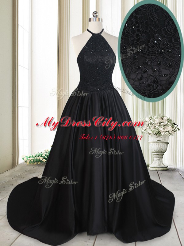 Black A-line Satin Halter Top Sleeveless Beading and Lace Lace Up Evening Dress Brush Train