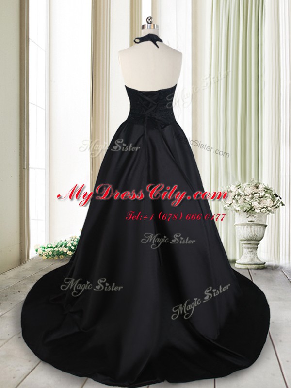 Black A-line Satin Halter Top Sleeveless Beading and Lace Lace Up Evening Dress Brush Train