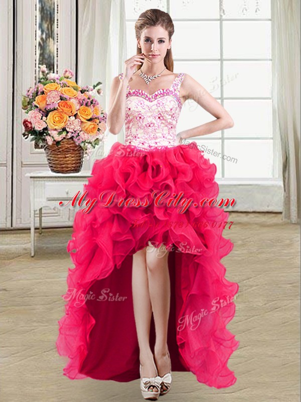 New Style Hot Pink Organza Lace Up Straps Sleeveless High Low Beading and Lace and Ruffles