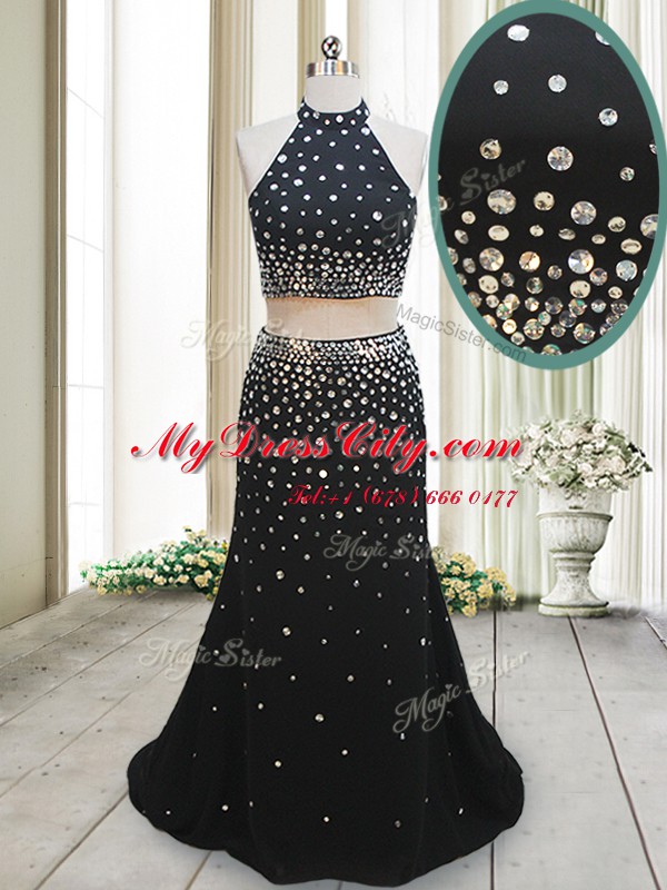 Black Chiffon Backless Halter Top Sleeveless Floor Length Prom Dresses Beading