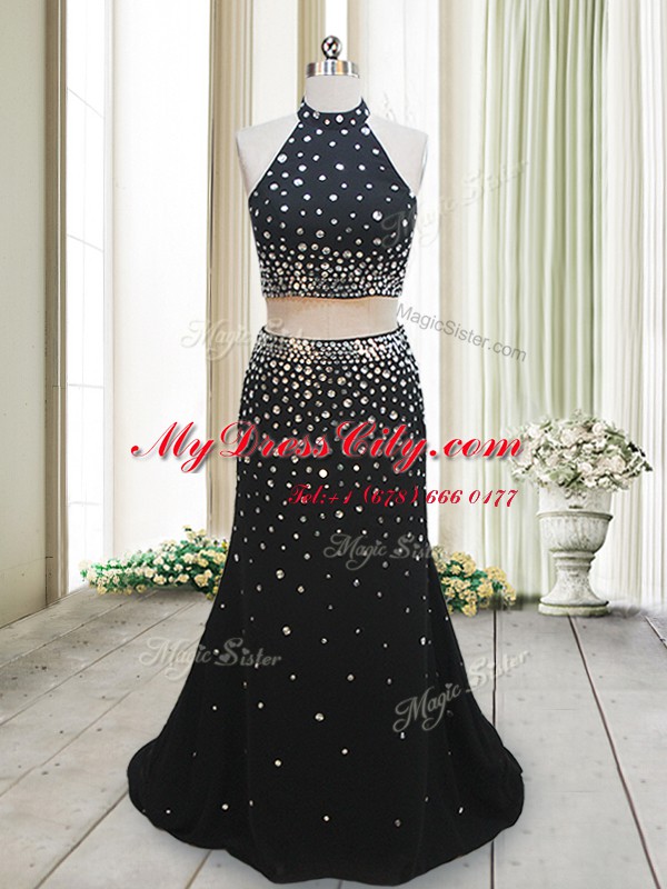 Black Chiffon Backless Halter Top Sleeveless Floor Length Prom Dresses Beading