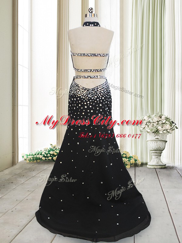 Black Chiffon Backless Halter Top Sleeveless Floor Length Prom Dresses Beading