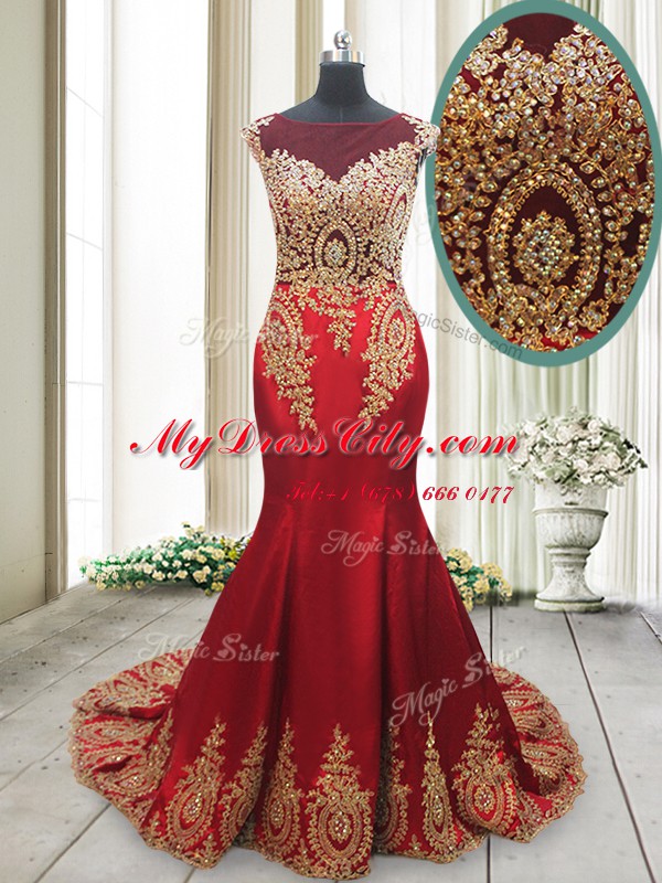 Hot Sale Mermaid Elastic Woven Satin Scoop Cap Sleeves Brush Train Side Zipper Appliques Homecoming Dress in Red