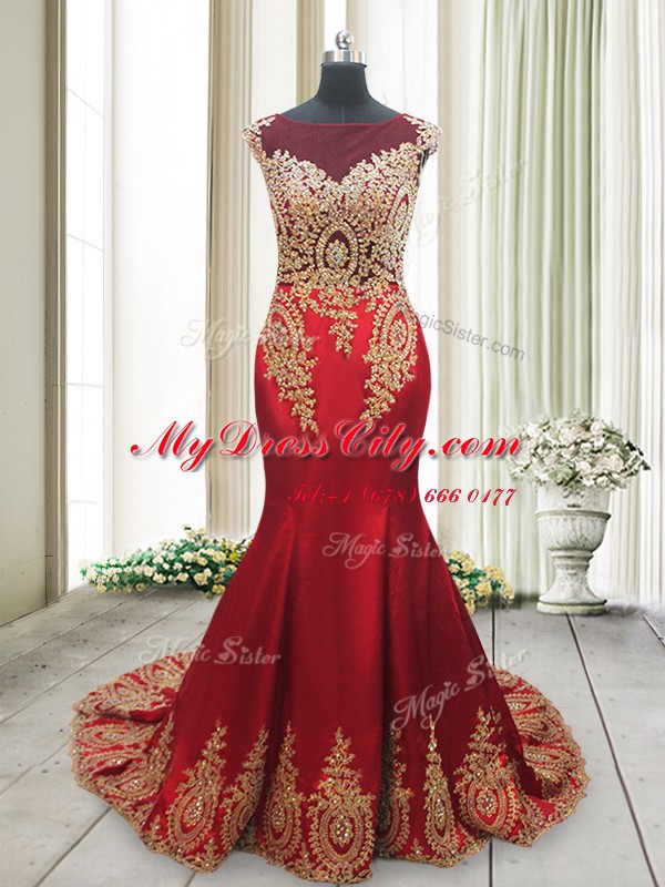 Hot Sale Mermaid Elastic Woven Satin Scoop Cap Sleeves Brush Train Side Zipper Appliques Homecoming Dress in Red