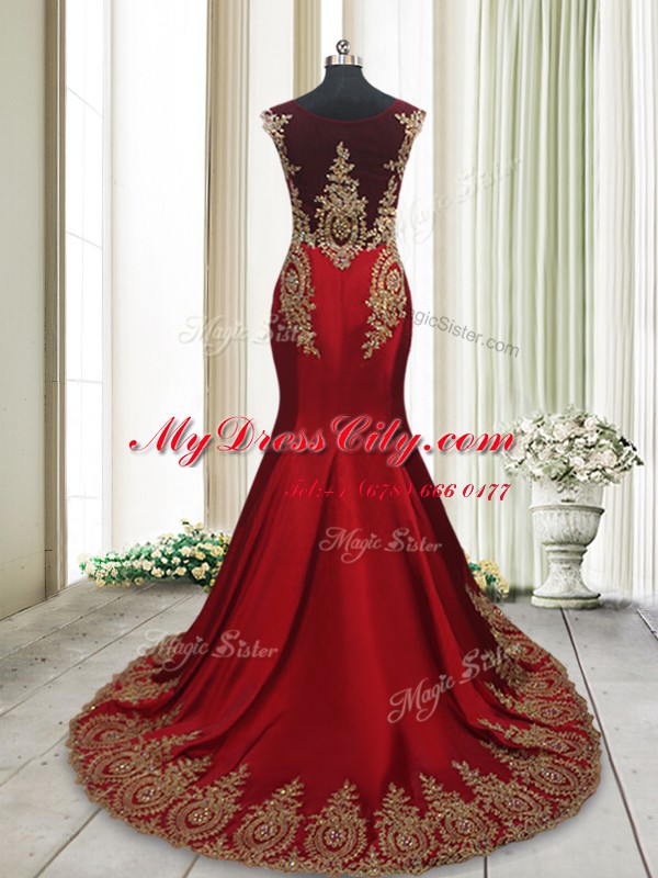 Hot Sale Mermaid Elastic Woven Satin Scoop Cap Sleeves Brush Train Side Zipper Appliques Homecoming Dress in Red