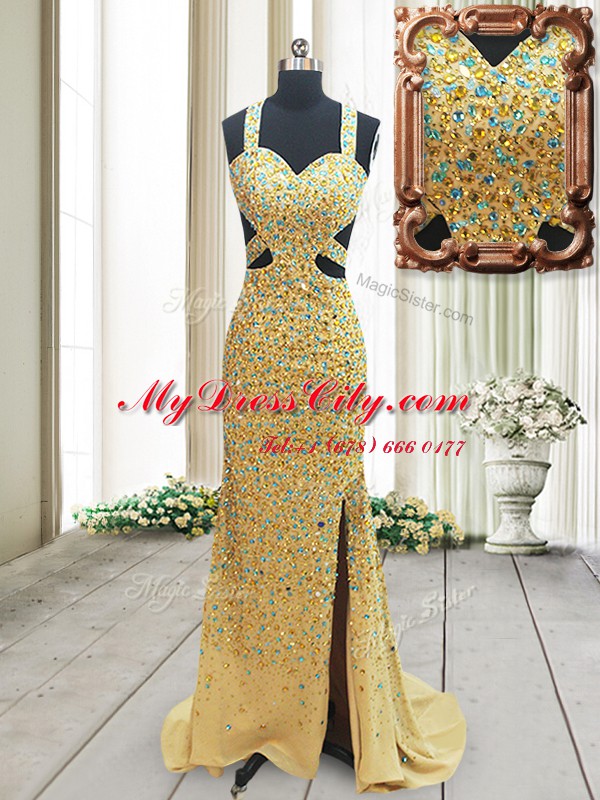 Straps Sleeveless Beading Backless Prom Dresses with Gold Brush Train