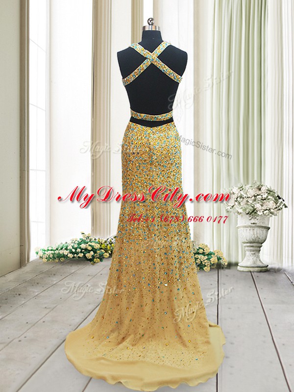 Straps Sleeveless Beading Backless Prom Dresses with Gold Brush Train