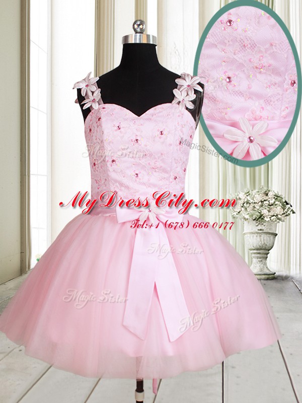 New Arrival Mini Length Baby Pink Prom Evening Gown Straps Sleeveless Lace Up