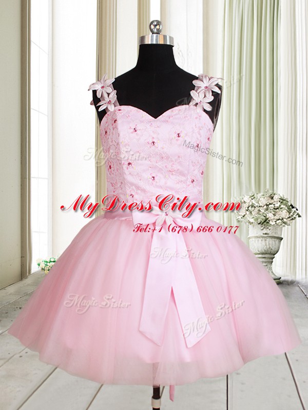 New Arrival Mini Length Baby Pink Prom Evening Gown Straps Sleeveless Lace Up