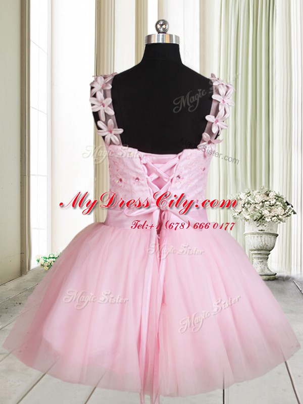 New Arrival Mini Length Baby Pink Prom Evening Gown Straps Sleeveless Lace Up