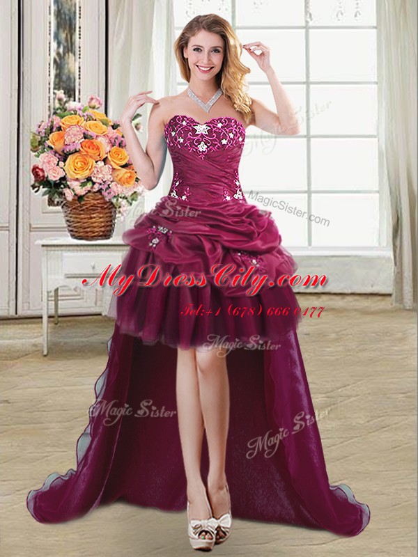 Pick Ups High Low Ball Gowns Sleeveless Burgundy Dress for Prom Lace Up