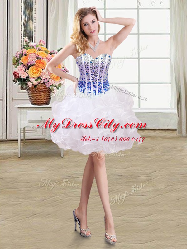 Cheap White and Blue Organza Lace Up Sweetheart Sleeveless Mini Length Prom Gown Beading and Ruffles