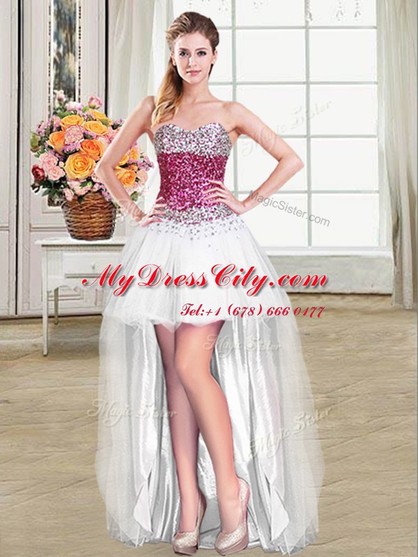 Glittering High Low White Prom Dress Sweetheart Sleeveless Lace Up