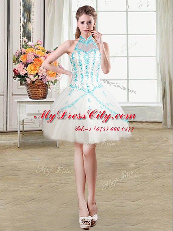 Edgy See Through Halter Top Sleeveless Homecoming Dress Mini Length Beading and Ruffles White Tulle