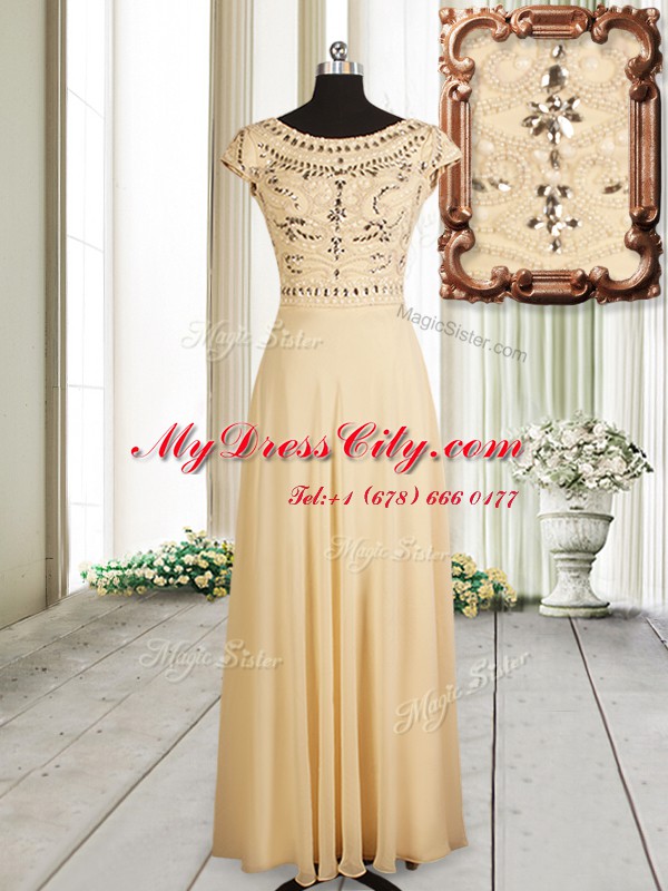 Chiffon Scoop Cap Sleeves Zipper Beading Prom Party Dress in Champagne