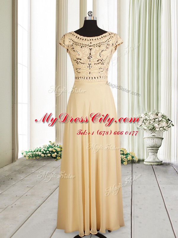 Chiffon Scoop Cap Sleeves Zipper Beading Prom Party Dress in Champagne