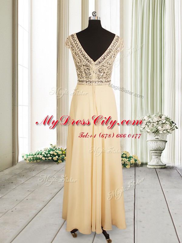 Chiffon Scoop Cap Sleeves Zipper Beading Prom Party Dress in Champagne