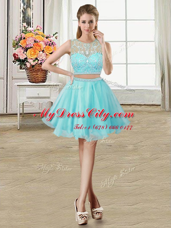 Scoop Aqua Blue Sleeveless Tulle Zipper Party Dress for Toddlers for Prom and Party