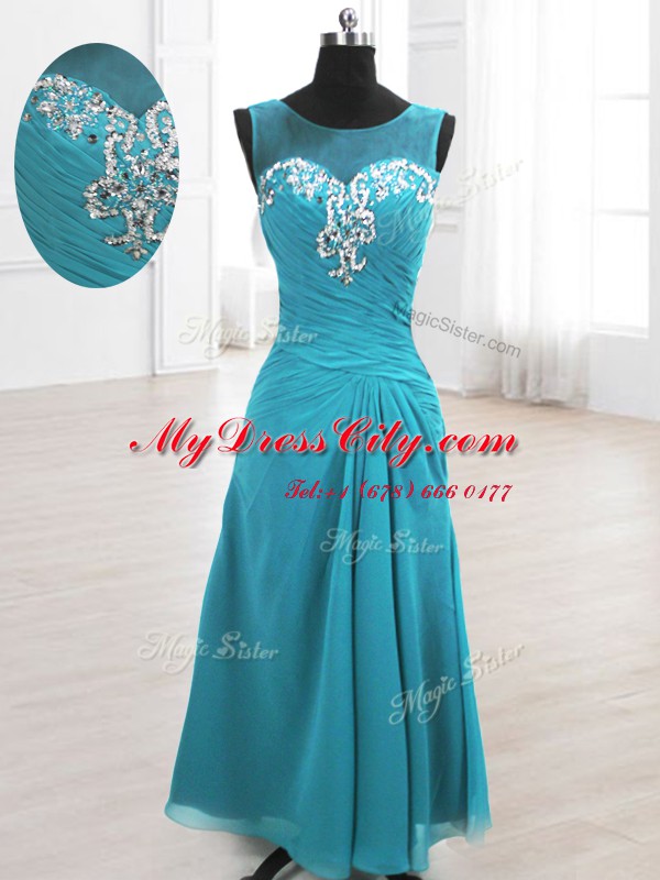 Cheap A-line Homecoming Dress Teal Scoop Chiffon Sleeveless Floor Length Lace Up