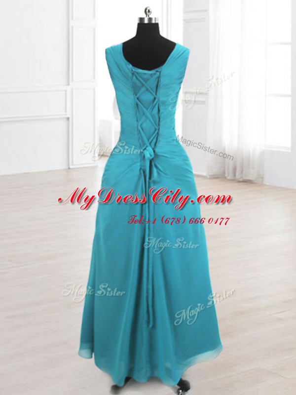 Cheap A-line Homecoming Dress Teal Scoop Chiffon Sleeveless Floor Length Lace Up