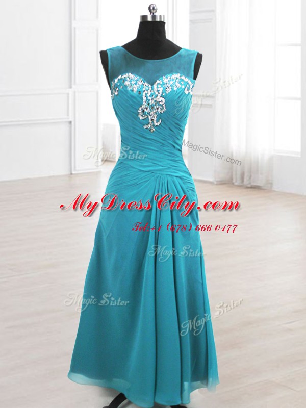 Cheap A-line Homecoming Dress Teal Scoop Chiffon Sleeveless Floor Length Lace Up