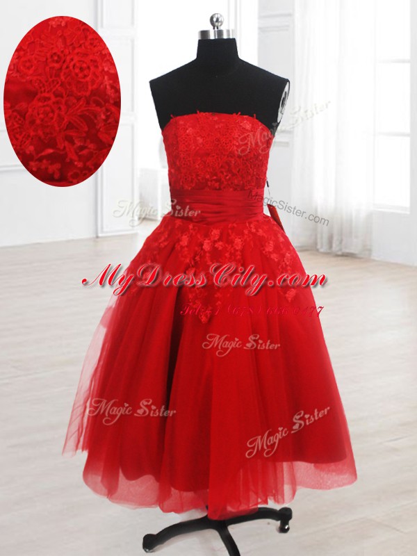 Hot Selling Embroidery Prom Dresses Red Lace Up Sleeveless Knee Length