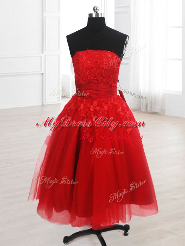 Hot Selling Embroidery Prom Dresses Red Lace Up Sleeveless Knee Length