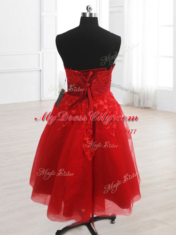 Hot Selling Embroidery Prom Dresses Red Lace Up Sleeveless Knee Length