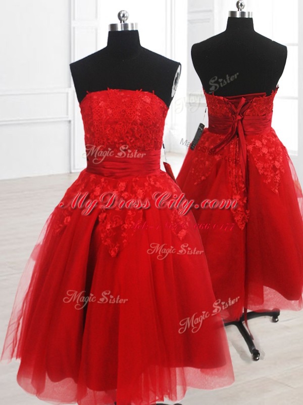 Best Red A-line Organza Strapless Sleeveless Embroidery Knee Length Lace Up Prom Party Dress