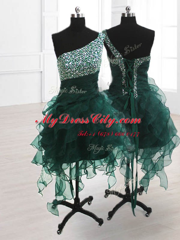 Captivating One Shoulder Sleeveless Lace Up Knee Length Beading and Ruffles Party Dress Wholesale