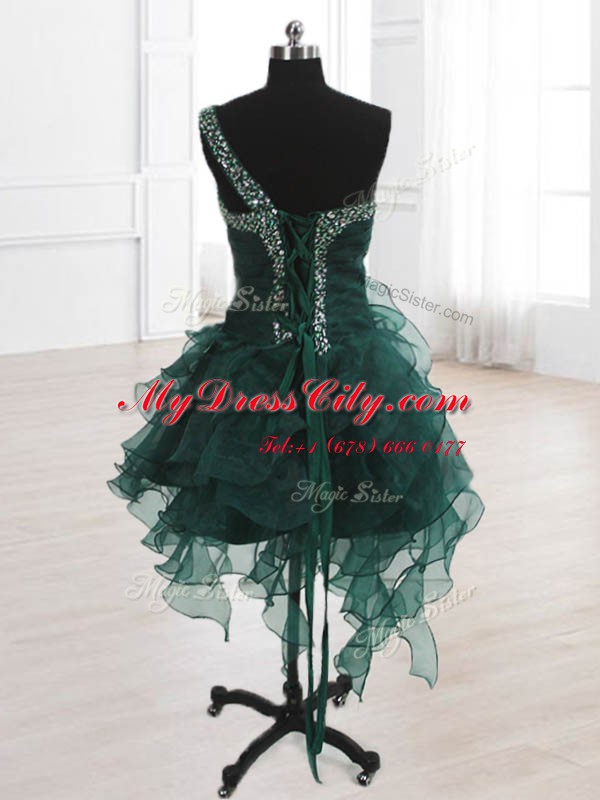 Captivating One Shoulder Sleeveless Lace Up Knee Length Beading and Ruffles Party Dress Wholesale