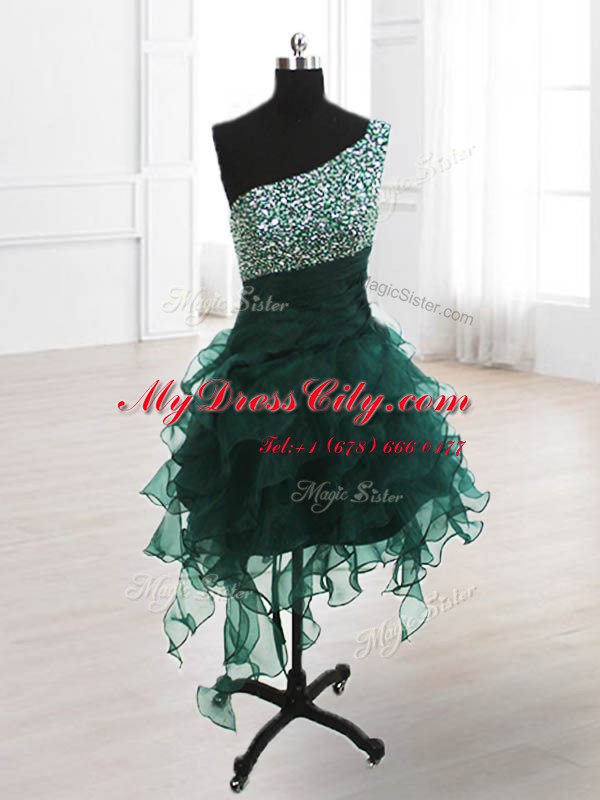 Captivating One Shoulder Sleeveless Lace Up Knee Length Beading and Ruffles Party Dress Wholesale