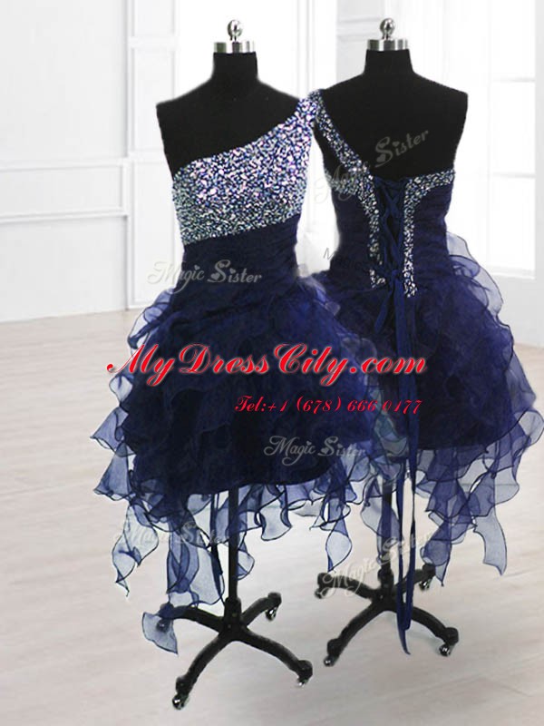 Exceptional A-line Dress for Prom Navy Blue One Shoulder Organza Sleeveless Knee Length Lace Up