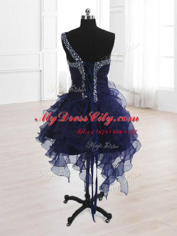 Exceptional A-line Dress for Prom Navy Blue One Shoulder Organza Sleeveless Knee Length Lace Up