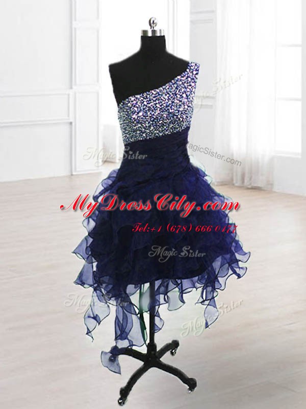 Exceptional A-line Dress for Prom Navy Blue One Shoulder Organza Sleeveless Knee Length Lace Up