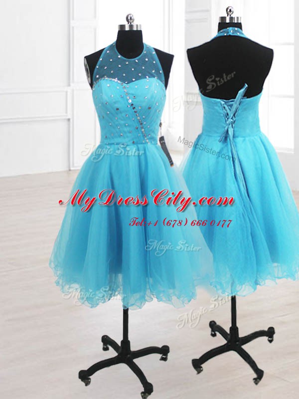 Exquisite Knee Length Baby Blue Evening Dress High-neck Sleeveless Lace Up