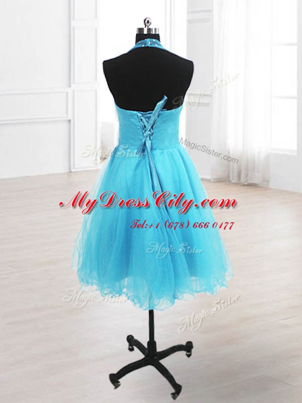 Exquisite Knee Length Baby Blue Evening Dress High-neck Sleeveless Lace Up