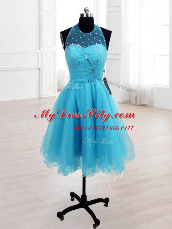 Exquisite Knee Length Baby Blue Evening Dress High-neck Sleeveless Lace Up