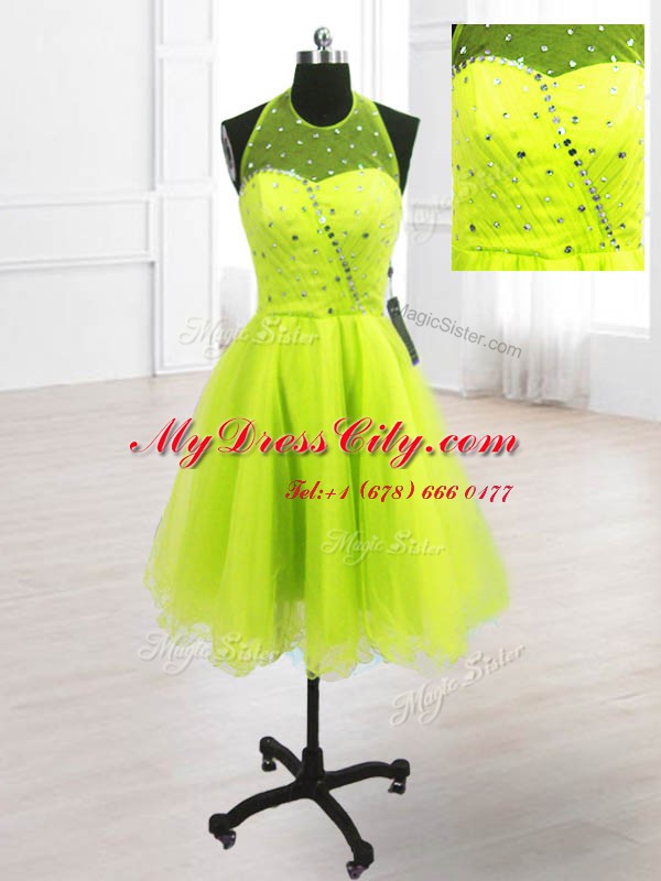 Fancy Yellow Green A-line Organza High-neck Sleeveless Sequins Knee Length Lace Up Prom Dresses