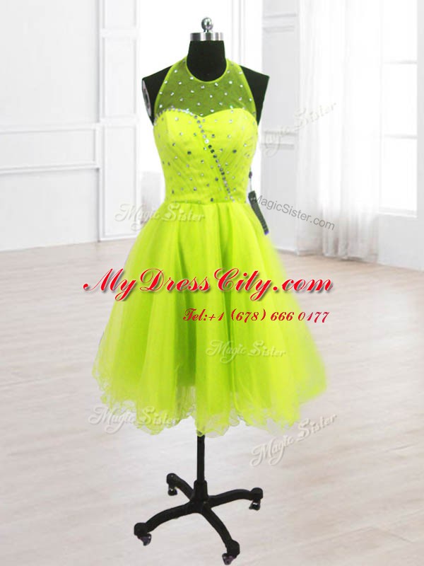 Fancy Yellow Green A-line Organza High-neck Sleeveless Sequins Knee Length Lace Up Prom Dresses