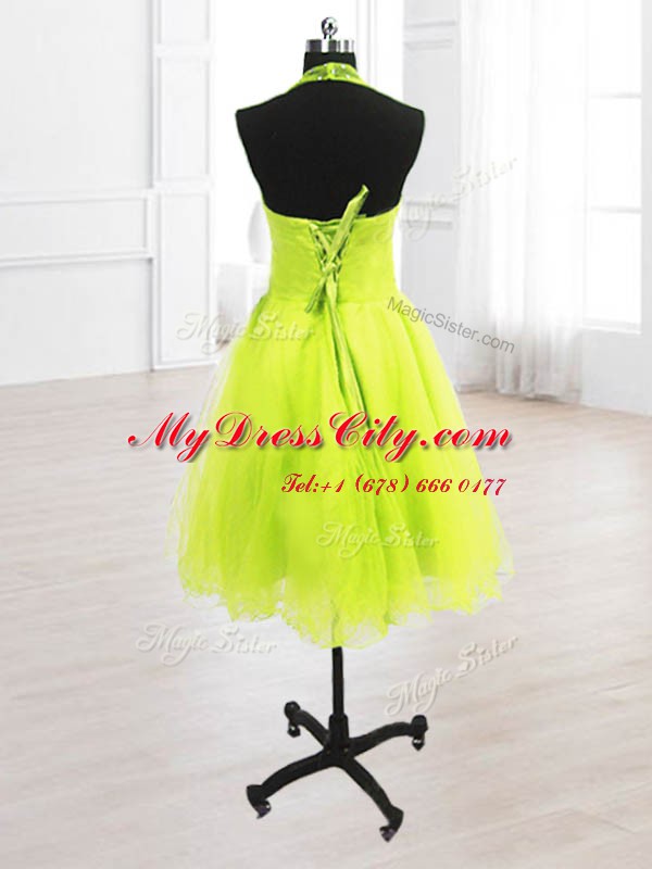 Fancy Yellow Green A-line Organza High-neck Sleeveless Sequins Knee Length Lace Up Prom Dresses