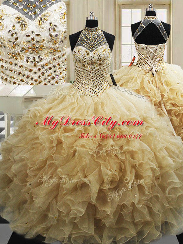 Champagne Sleeveless Sweep Train Beading and Ruffles With Train Sweet 16 Quinceanera Dress