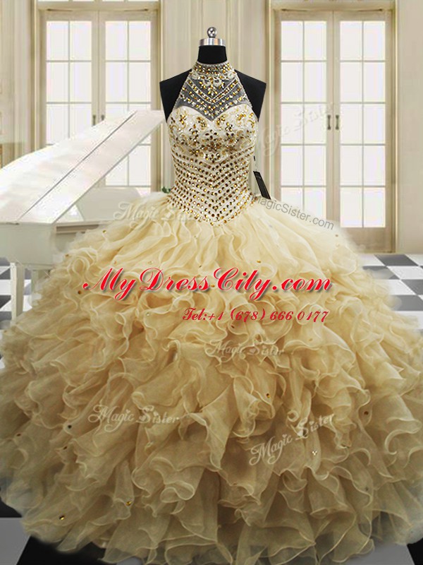 Champagne Sleeveless Sweep Train Beading and Ruffles With Train Sweet 16 Quinceanera Dress